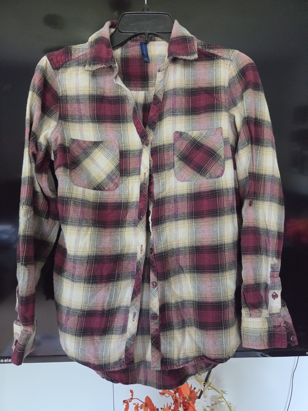 Casual Women's Burgundy Plaid Button-Up Shirt